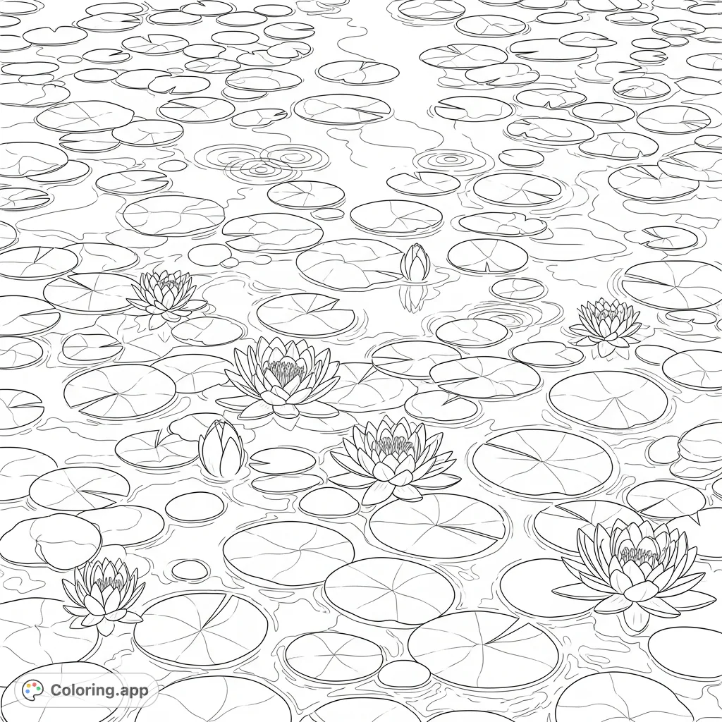 Immerse yourself in this beautiful Water Lilies coloring page, inspired by classic art. Features numerous lily pads, delicate blossoms, and shimmering water reflections.