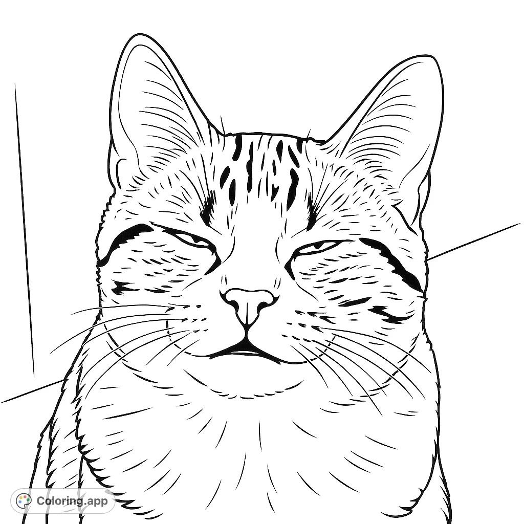 A charming skeptical cat portrait coloring page, perfect for animal lovers. Features a detailed feline face with expressive eyes and fur textures.