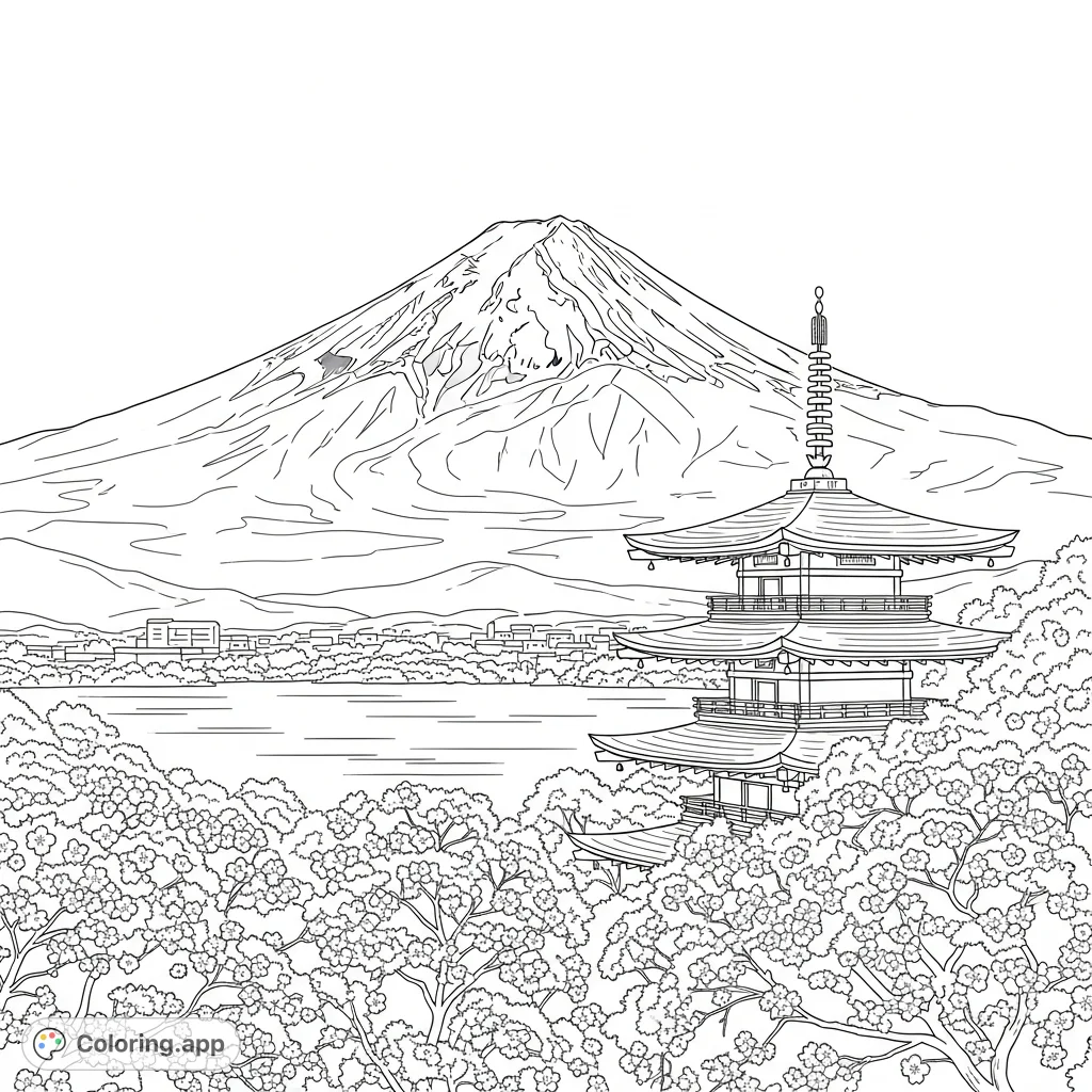A stunning Mount Fuji coloring page capturing spring's beauty with cherry blossoms, a traditional pagoda, and a reflective lake. Perfect for relaxation.