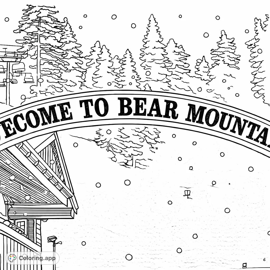 Welcome to Bear Mountain! This winter scene features a grand arched sign and a cozy lodge building, set against a backdrop of snow-covered trees and falling flakes.