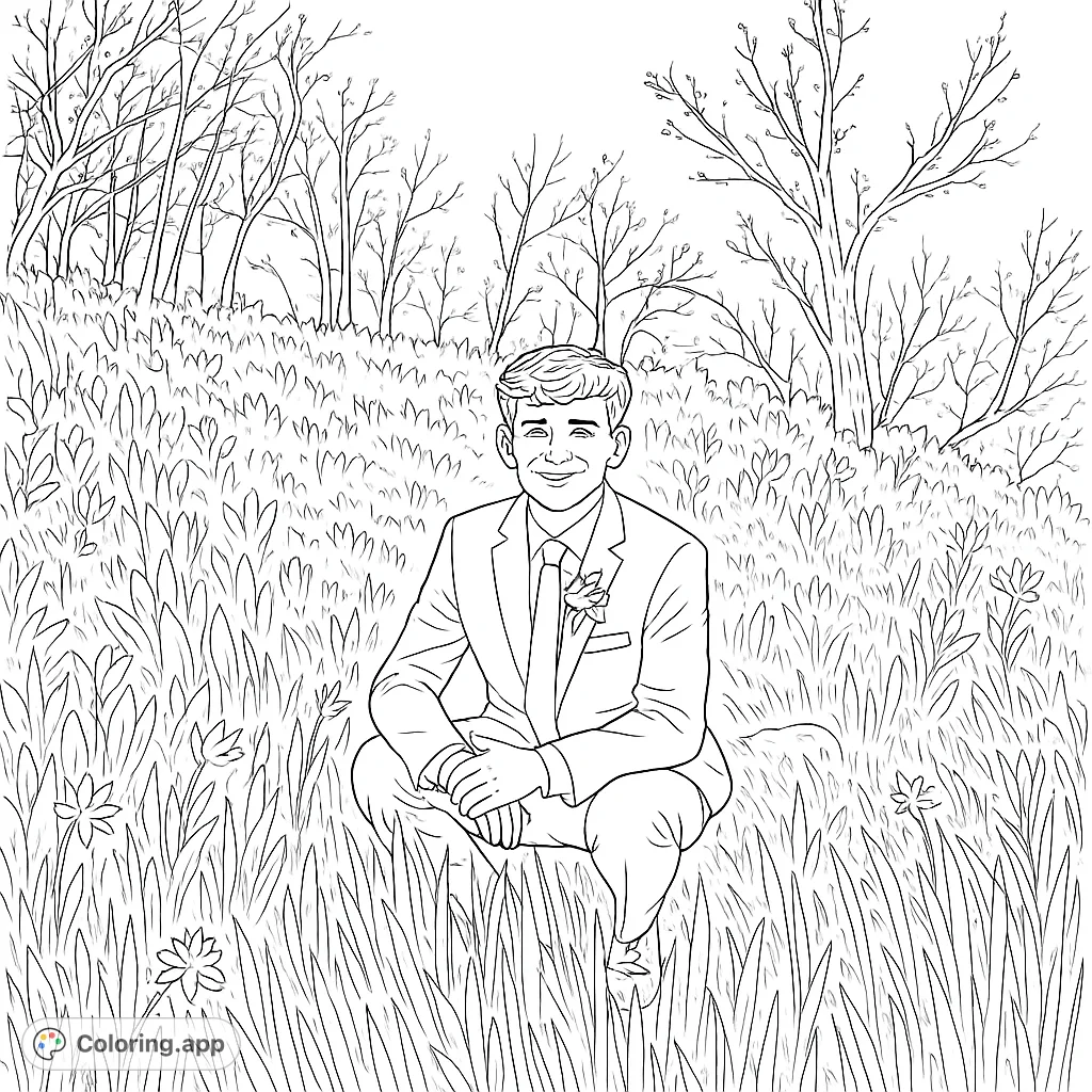 A charming groom in a suit crouches in a field of tall grass and bare trees, ready for coloring. Perfect for wedding themes!