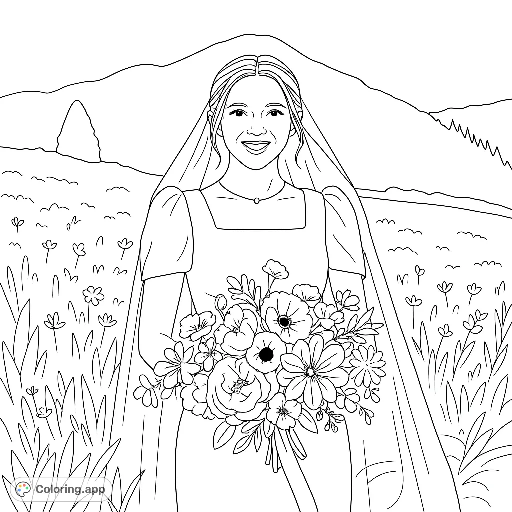 A beautiful bride in a wedding dress holds a detailed floral bouquet, set against a scenic mountain and wildflower field backdrop. Perfect for a wedding coloring page.