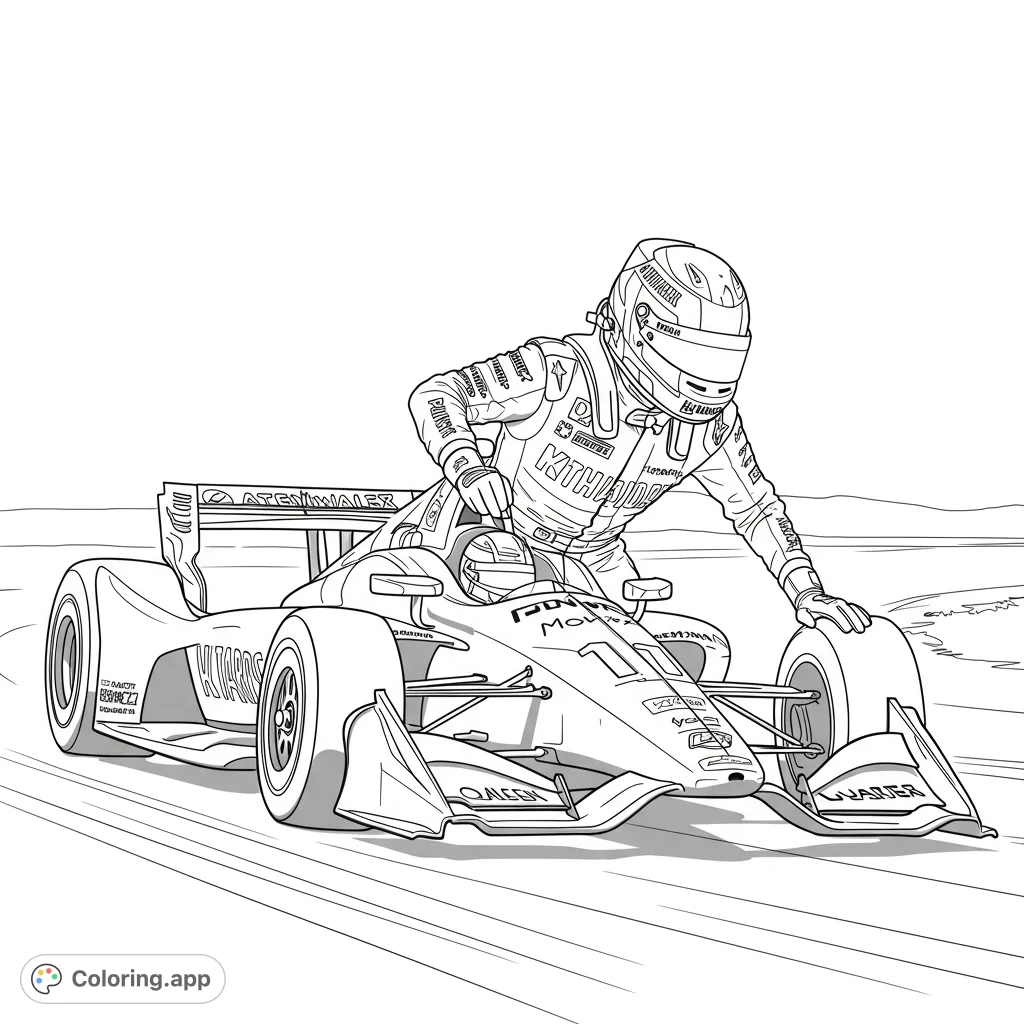 Dynamic race car and driver on the track. A thrilling speed-themed racing coloring page, perfect for motorsport fans and all ages.