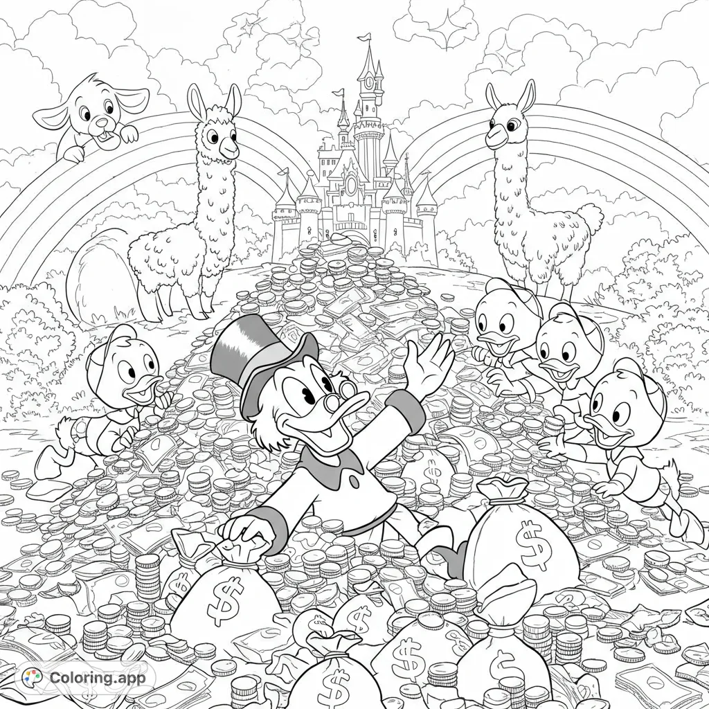 Scrooge McDuck's money mountain! A detailed coloring page with Scrooge, nephews, Chilean animals, and a Disneyland castle.
