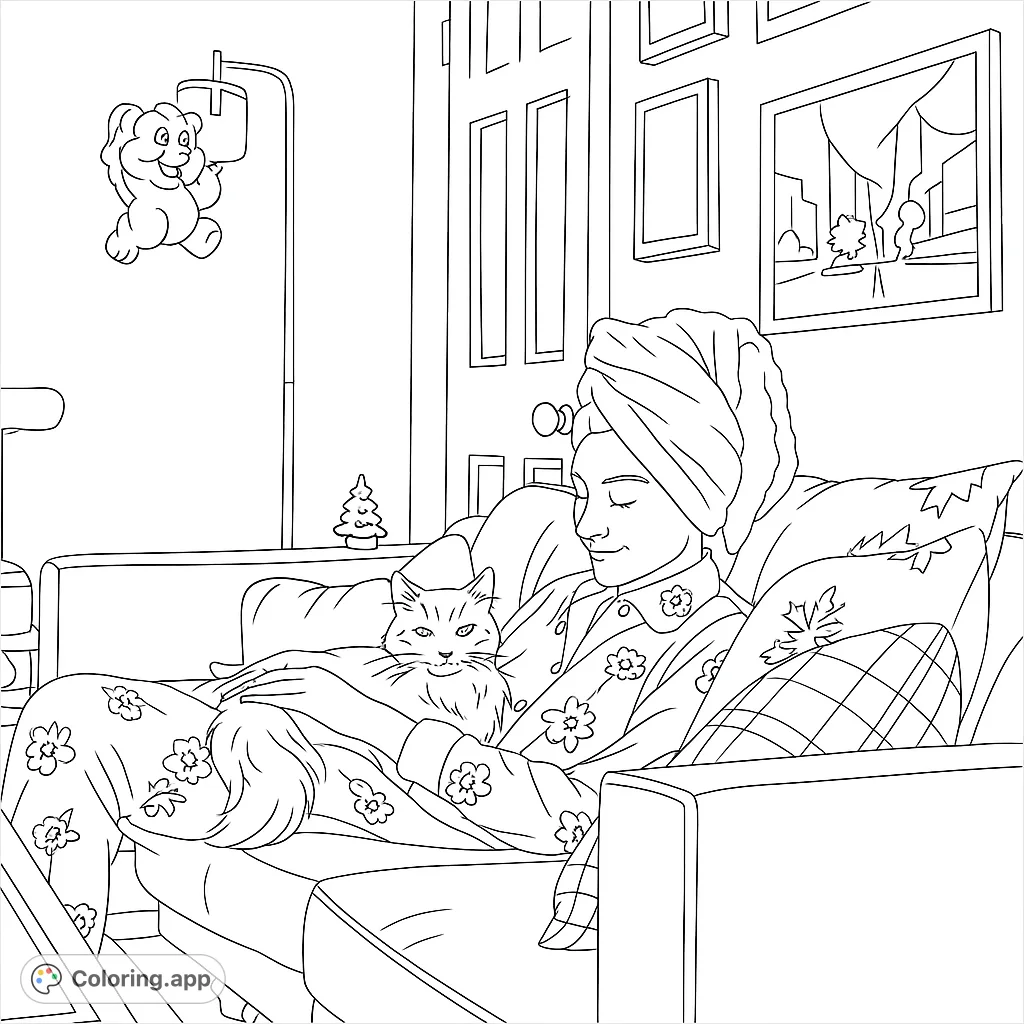 Cozy scene: person in pajamas with towel-wrapped hair relaxes on a couch, petting a cat. Features floral patterns, framed art, and a festive mini tree.