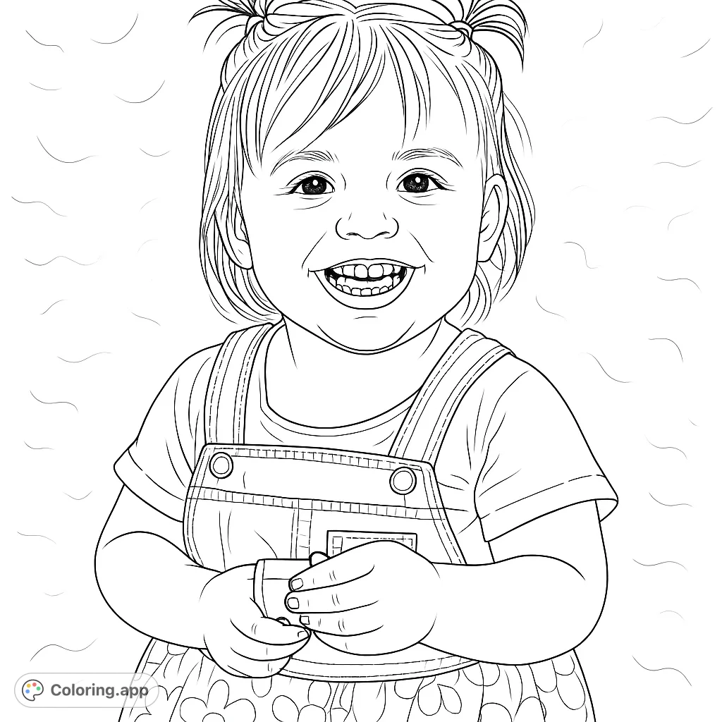 A delightful smiling child in denim overalls holds a small toy, ready for a creative touch. Capture the innocence and joy of childhood.