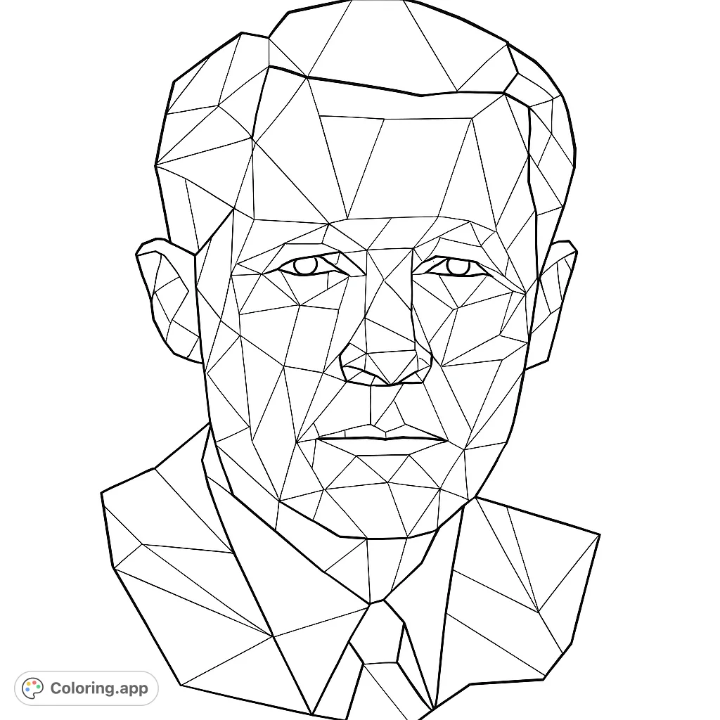 A striking low-poly portrait of a man, featuring intricate geometric shapes for a modern coloring experience. Perfect for abstract art fans.
