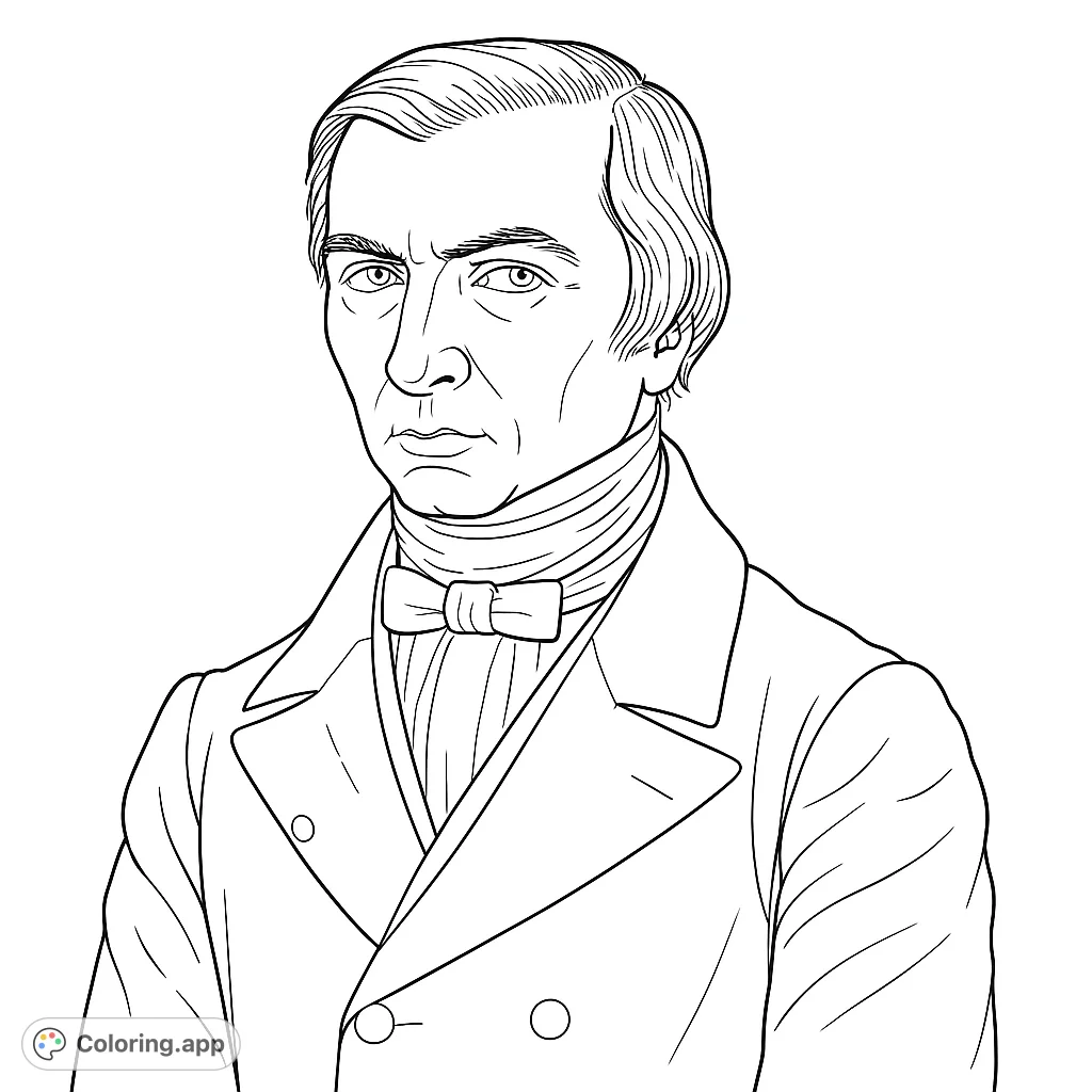 Detailed black and white line drawing of a historical man in formal attire, perfect for a historical figure coloring page and free printable coloring page.
