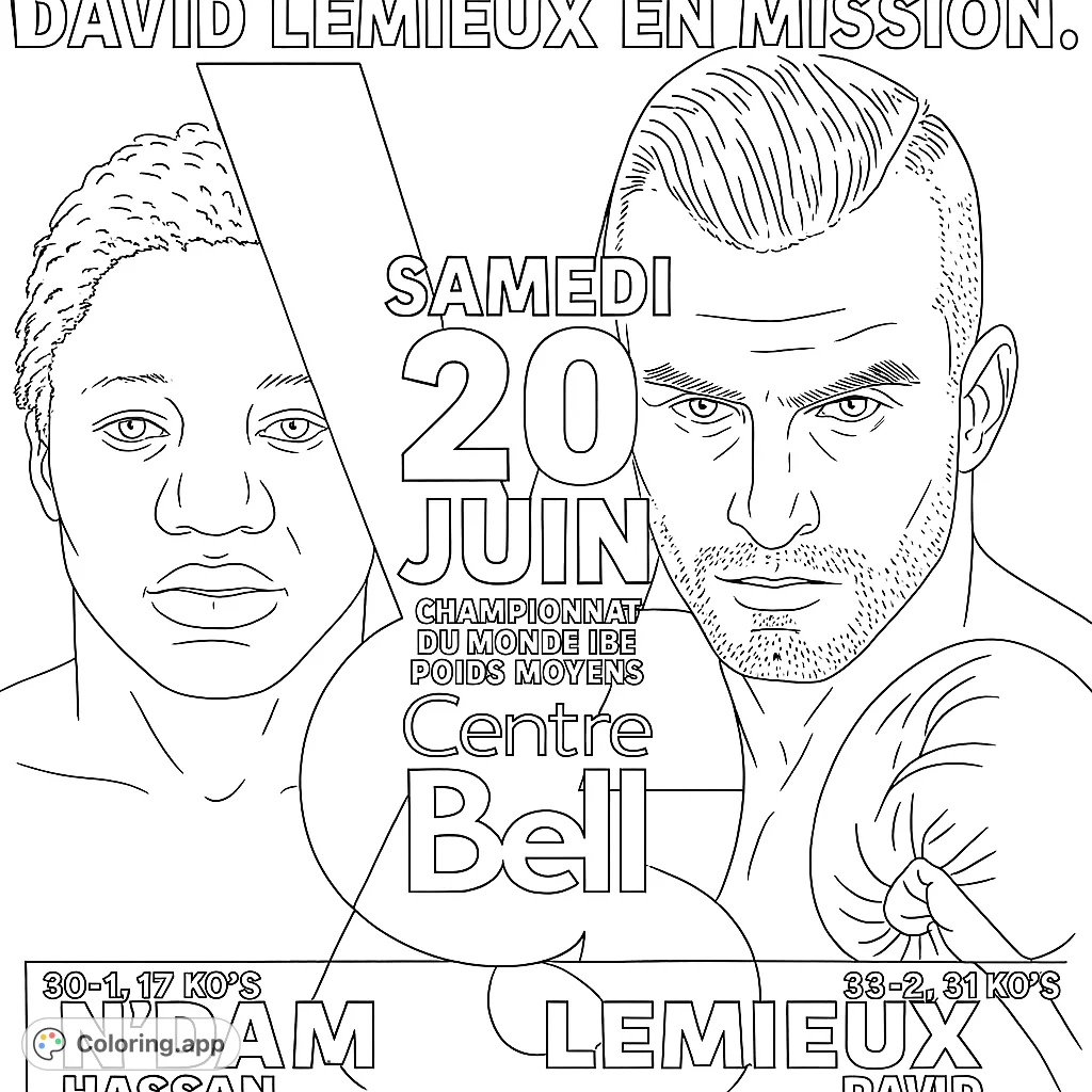 Dynamic boxing coloring page featuring two intense boxers and a bold 'V' background. Perfect for sports fans and aspiring champions!