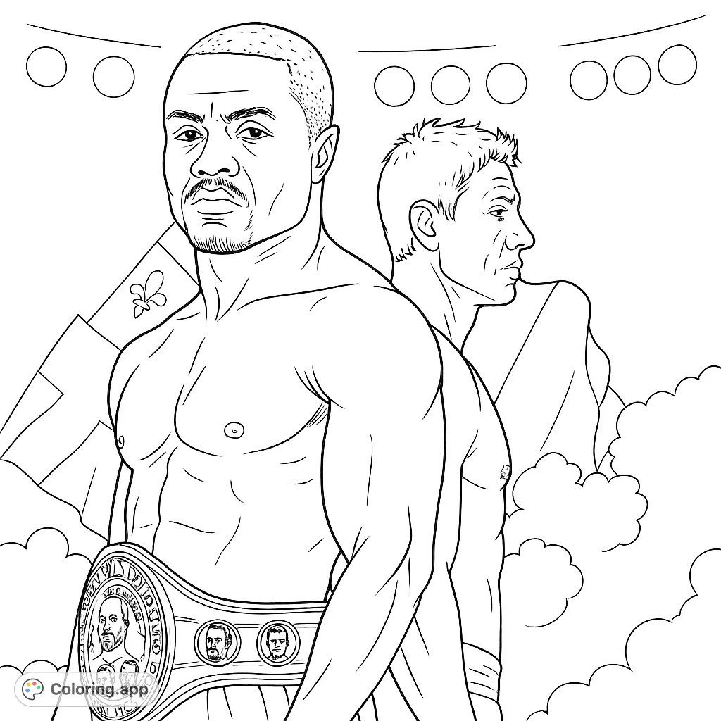 Dynamic boxing coloring page featuring two powerful fighters and a championship belt, perfect for sports fans and aspiring champions.