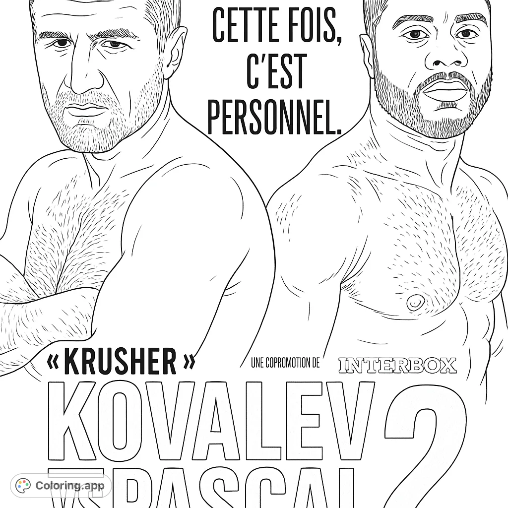 Intense boxing staredown featuring two powerful fighters, perfect for a dynamic sports coloring page.