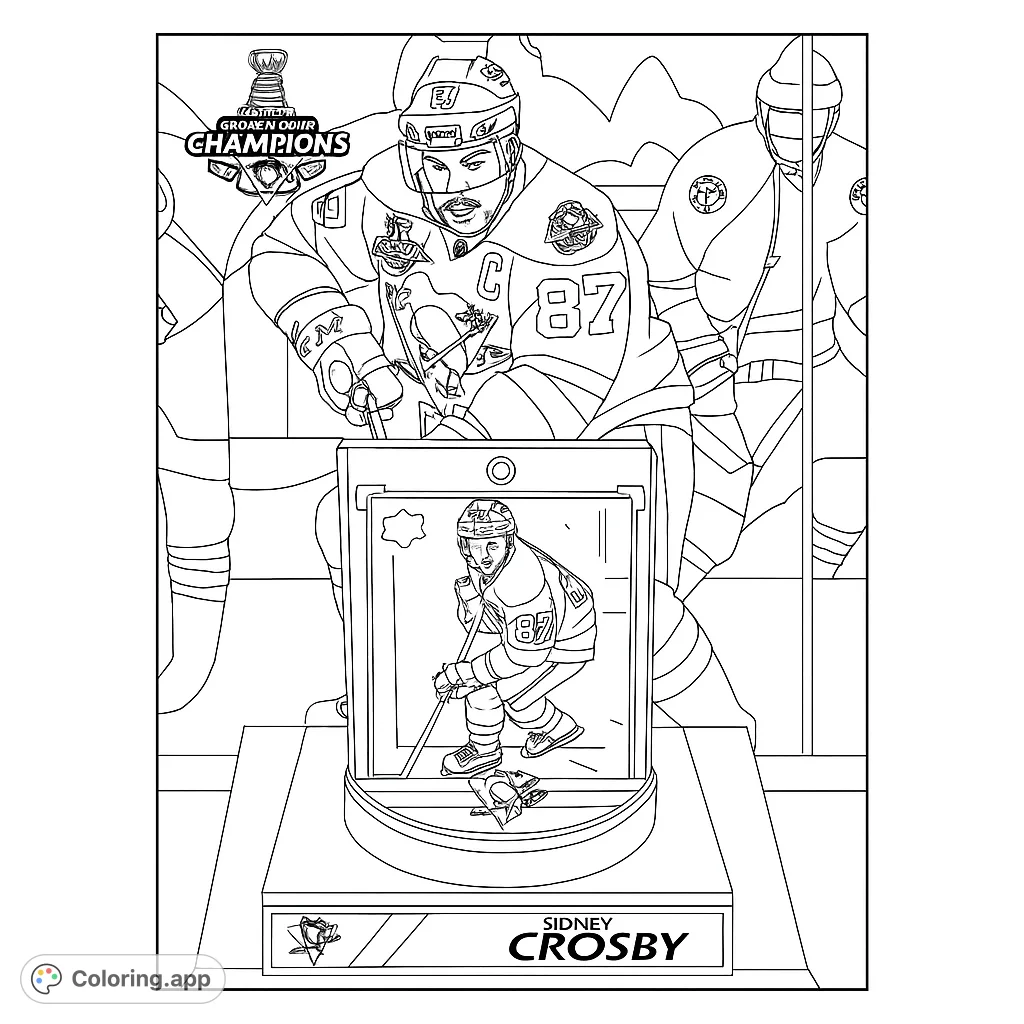 Dynamic hockey champion with trophy and display case. A detailed sports tribute, perfect for fans to color and celebrate the game.