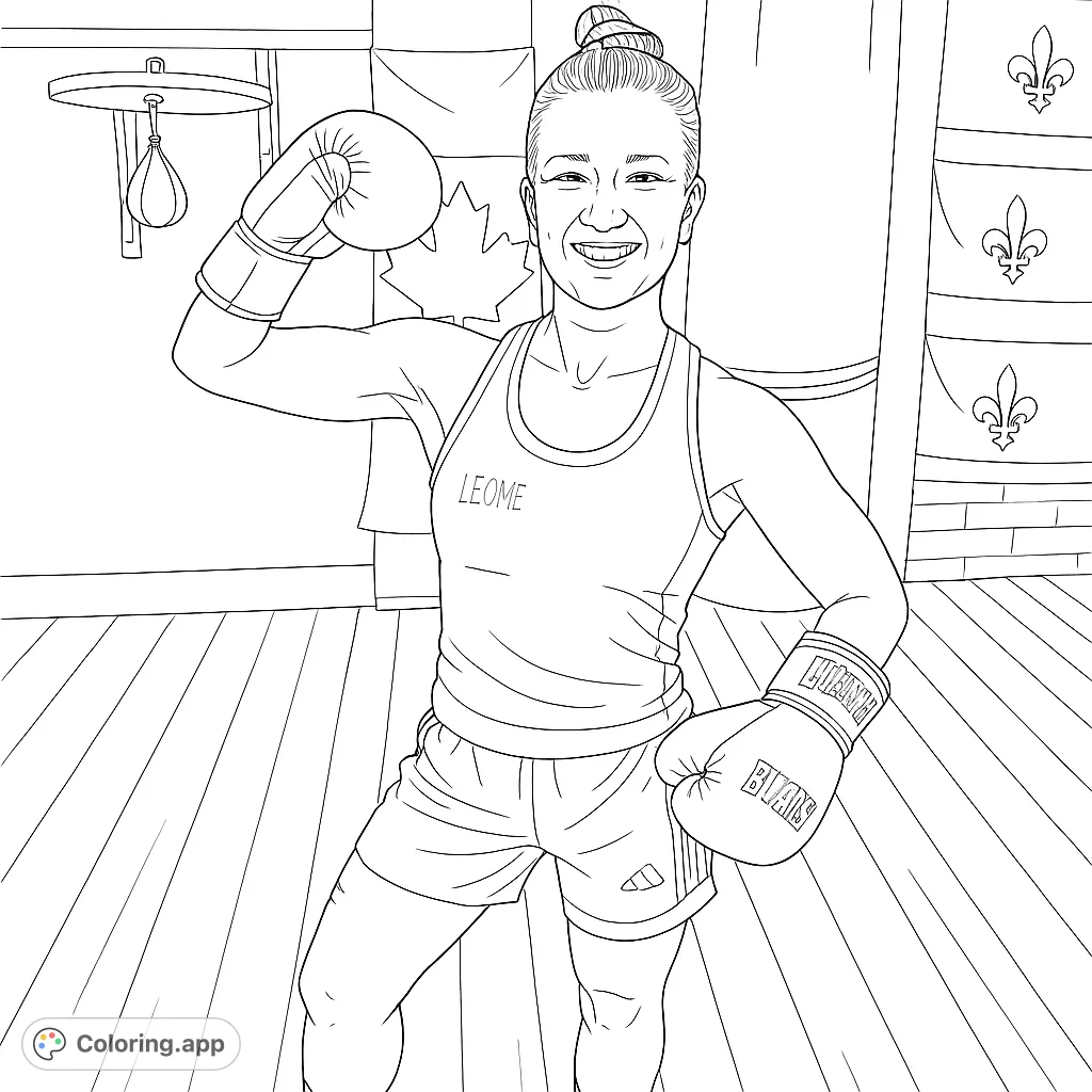 Empowering boxing coloring page featuring a strong woman flexing her bicep in a gym. Perfect for inspiring strength and determination.