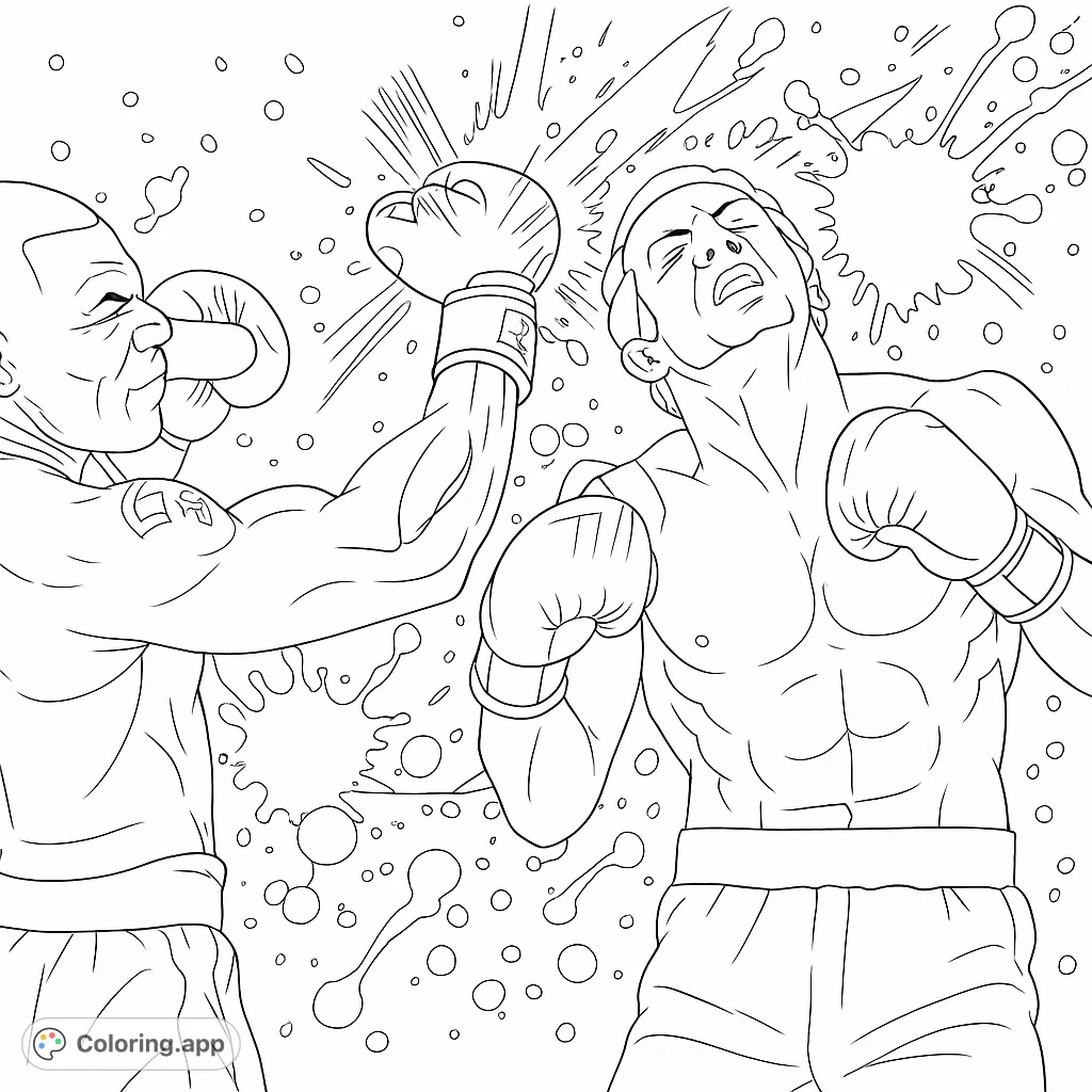 Experience the thrill of a boxing match! A powerful punch connects, sending sweat flying in this action-packed, free printable boxing coloring page.