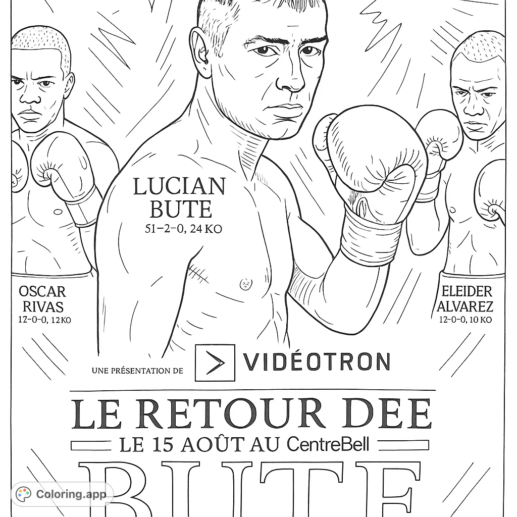 Dynamic boxing scene featuring a powerful central boxer and two background fighters, perfect for sports enthusiasts to color.