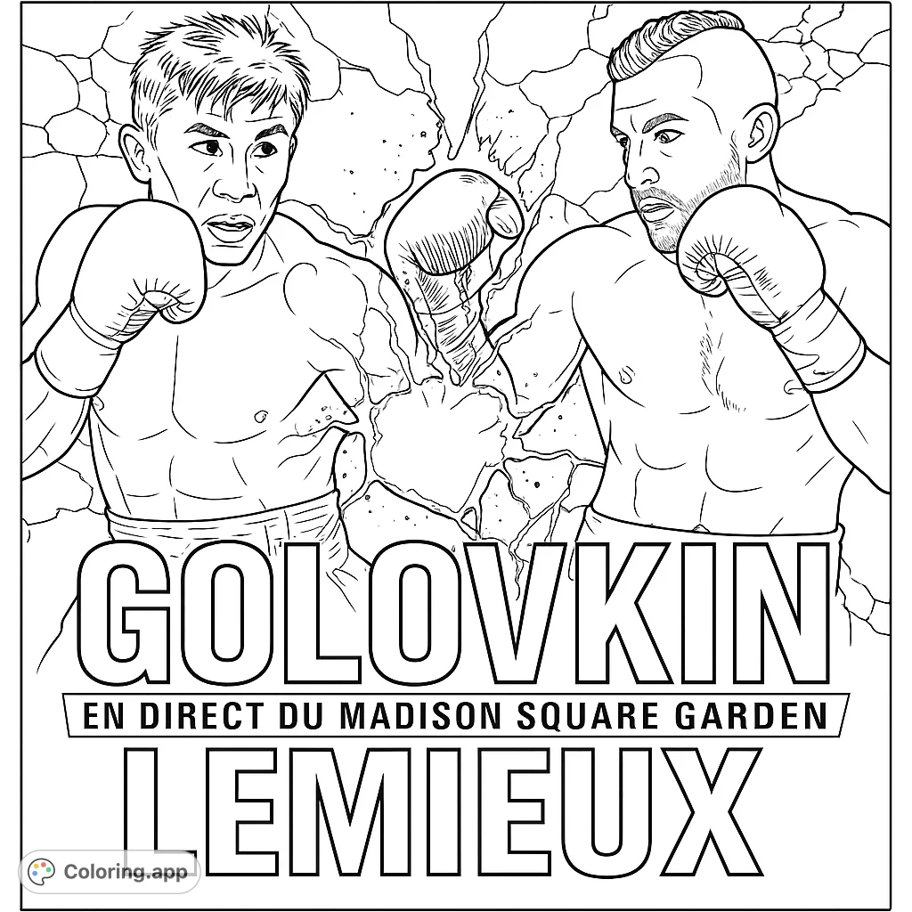 Dynamic boxing match coloring page featuring two powerful fighters mid-action with explosive energy. Perfect for sports fans and action enthusiasts.