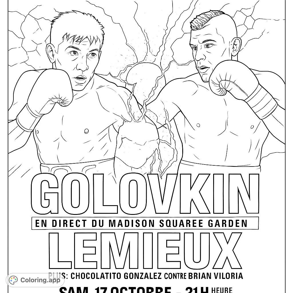 Dynamic boxing match coloring page featuring two powerful fighters in action, perfect for sports enthusiasts. Free printable for all ages!