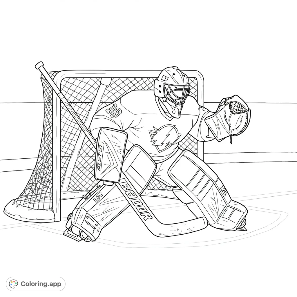 Dynamic ice hockey goalie in full gear, ready to block a shot in front of the net. A thrilling sports coloring page for all ages!