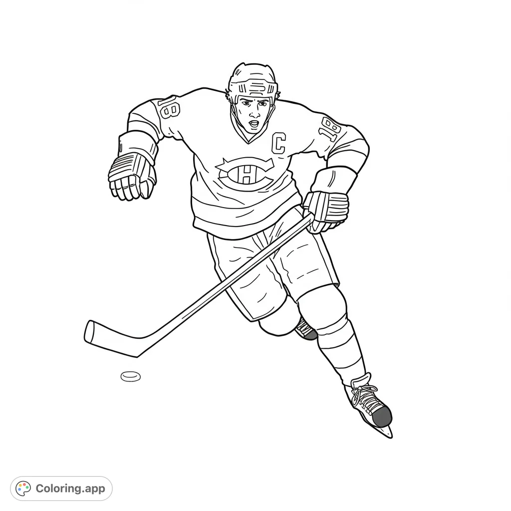 Dynamic hockey player in action, skating with stick and puck. A thrilling sports coloring page, free printable for all ages.