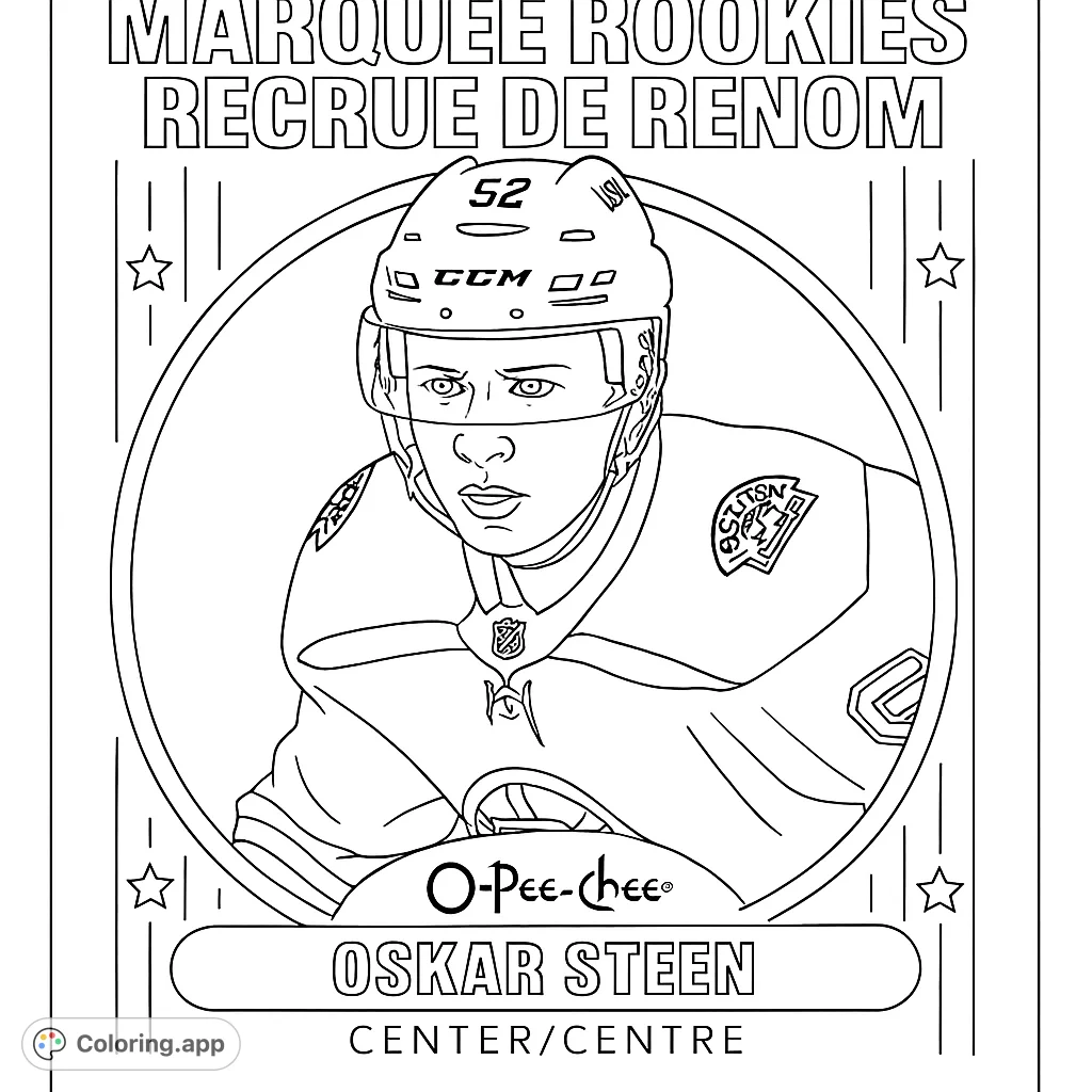 A detailed hockey player coloring page featuring a player in a helmet within a circular frame, perfect for sports fans and aspiring athletes.