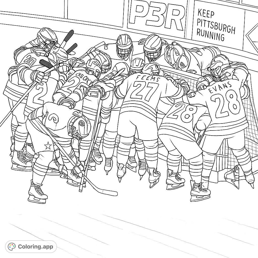 Dynamic hockey team huddle coloring page. Players in gear, ready for action.