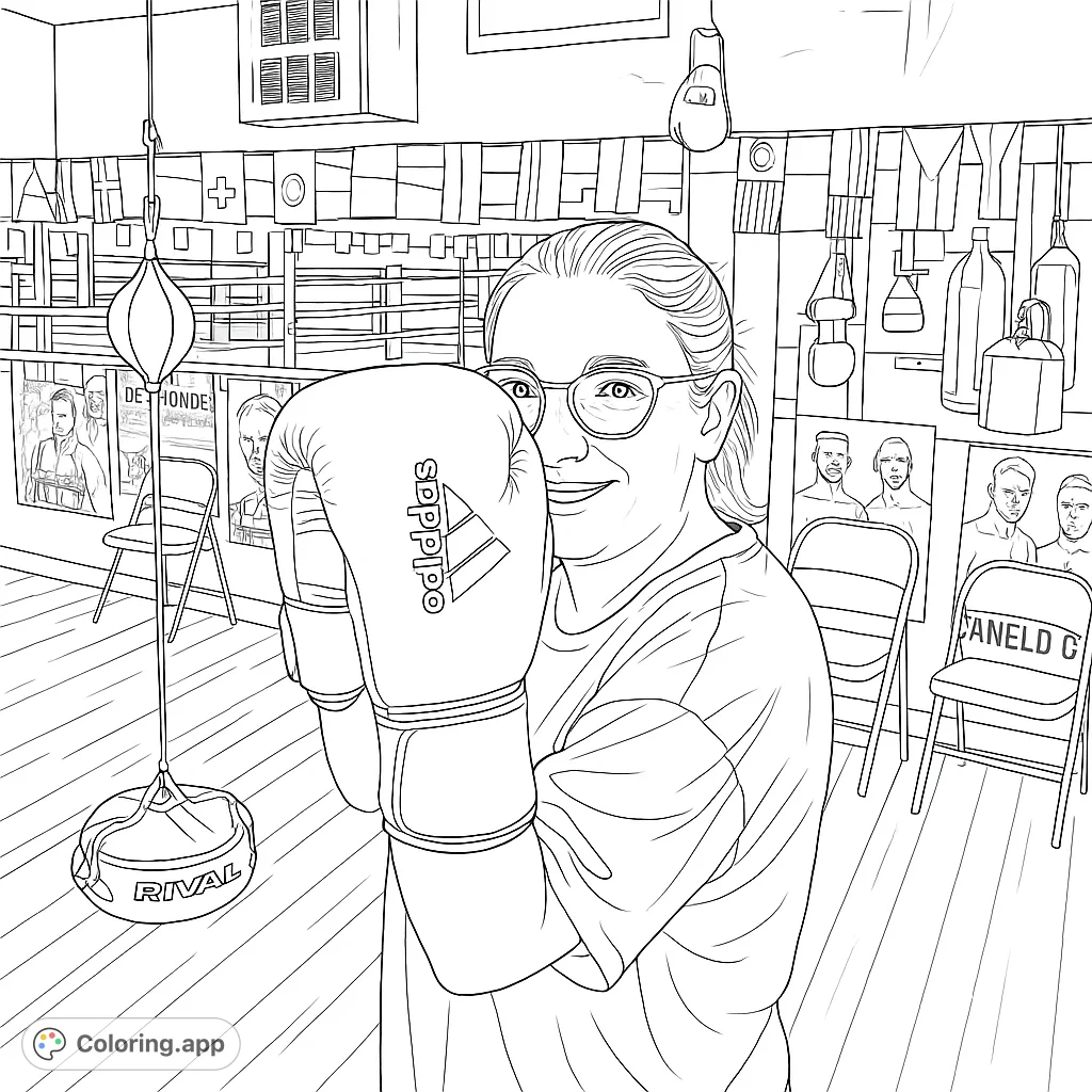 Dynamic boxing coloring page featuring a person in gloves, ready to train. Perfect for sports enthusiasts and aspiring athletes.