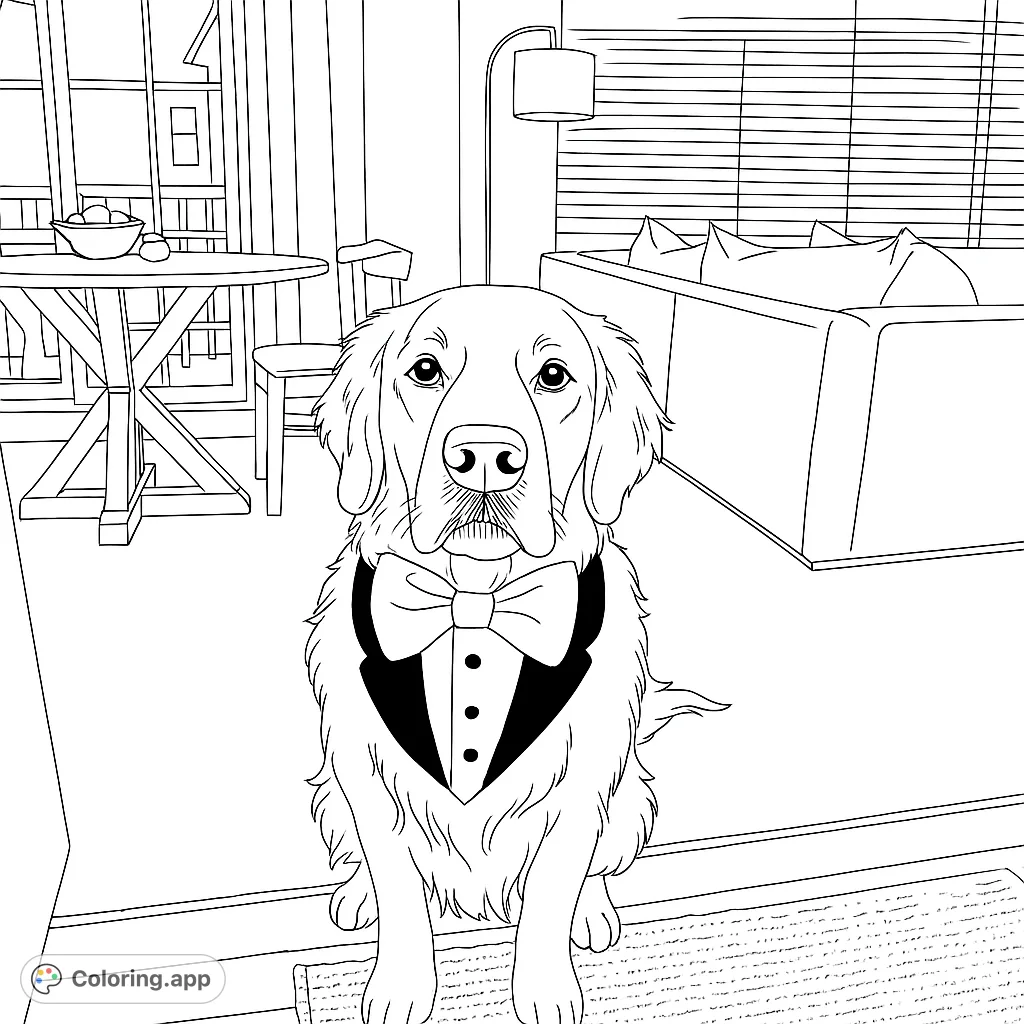 A charming Golden Retriever in a dapper tuxedo and bow tie, sitting patiently in a cozy home setting. Perfect for dog lovers and all ages!