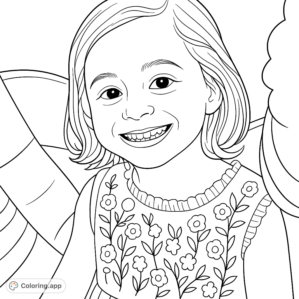 A delightful smiling child in a floral top, perfect for a joyful coloring experience. This free printable coloring page captures pure happiness.