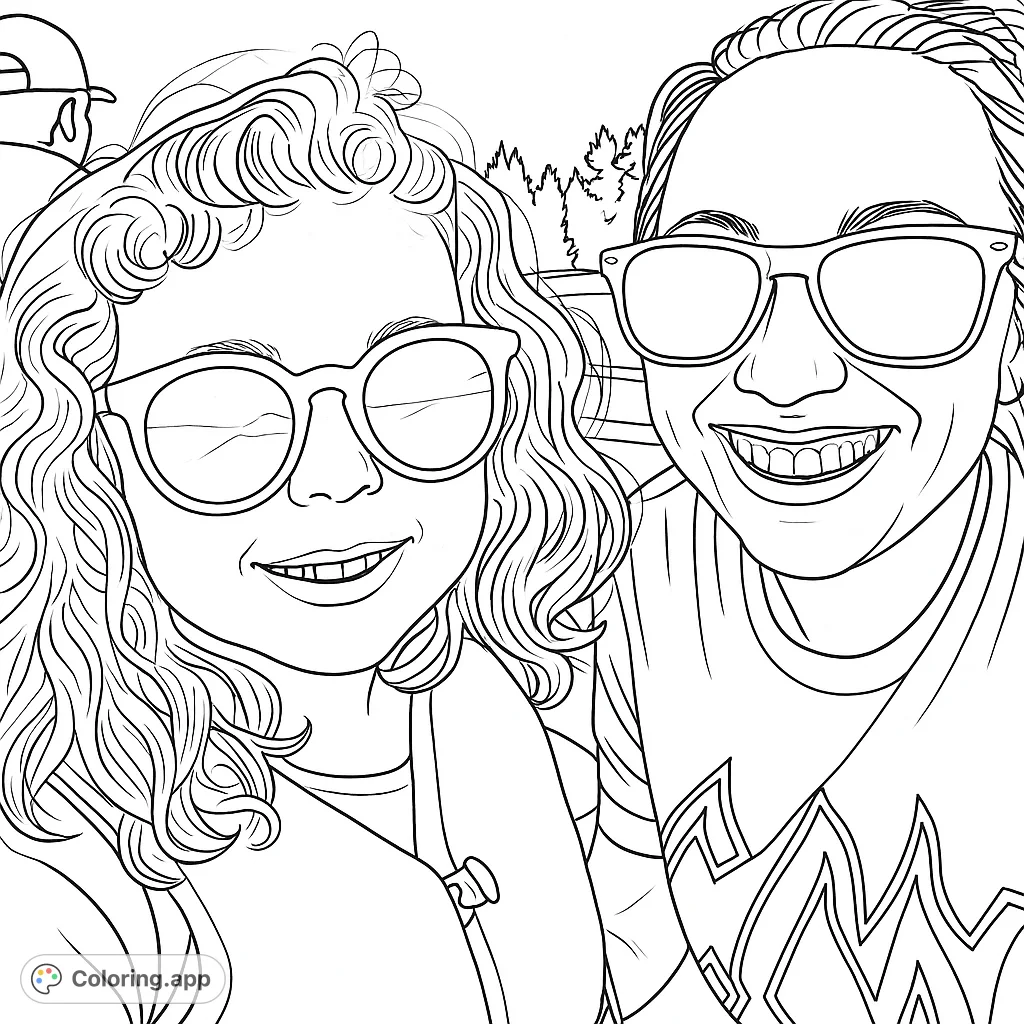 A heartwarming family fun coloring page featuring two smiling individuals in sunglasses, perfect for a free printable coloring page for kids and adults.
