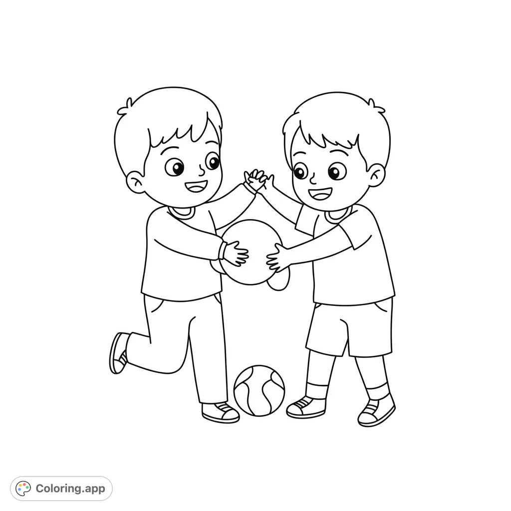 A joyful scene of two happy boys playing with a large ball, with a soccer ball nearby. Perfect for kids to color and celebrate friendship and fun!