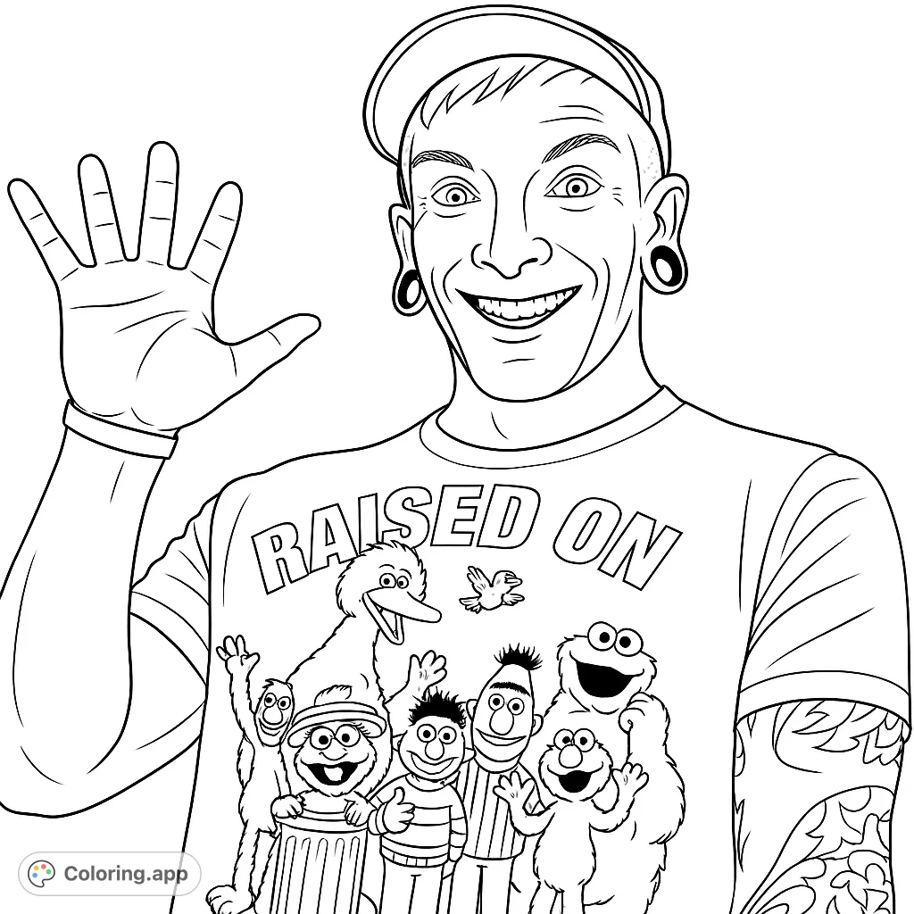 A smiling man with a cap and tattoos waves, wearing a t-shirt with classic cartoon characters. A fun, free printable coloring page for all ages.