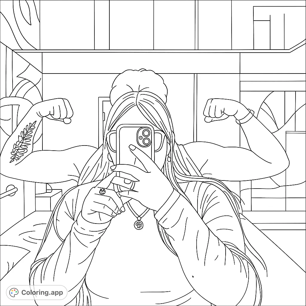 Capture modern empowerment! A person takes a mirror selfie, showcasing strength with flexing arms and a cool fern tattoo.