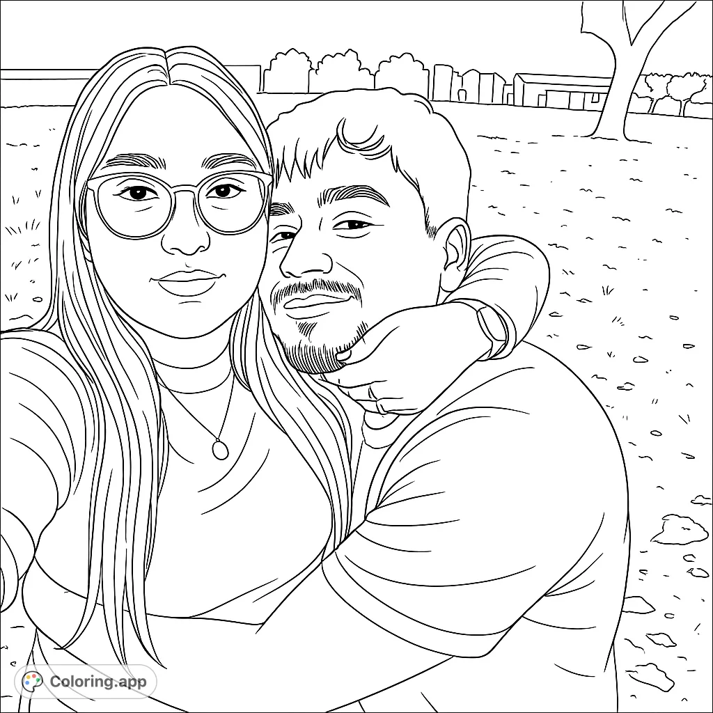 A heartwarming free printable couple's embrace coloring page, perfect for expressing love and connection. Features a man and woman hugging in a park setting.