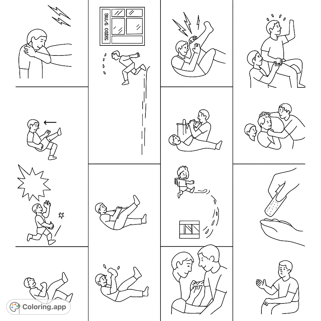 A comic-style coloring page showing a series of accidents and injuries. Color in the mishaps and learn about safety!