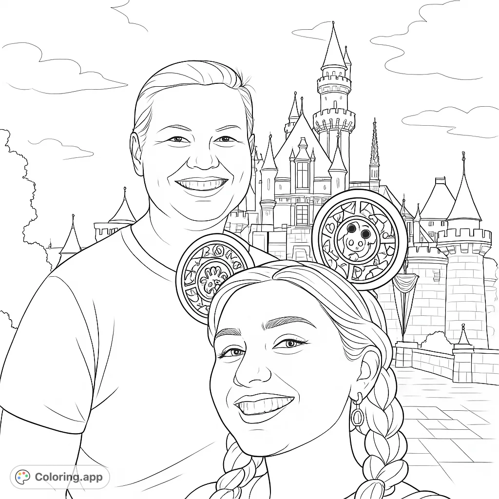 A joyful couple poses in front of a magical castle, featuring intricate mouse ears. A free printable fantasy theme coloring page for all ages.