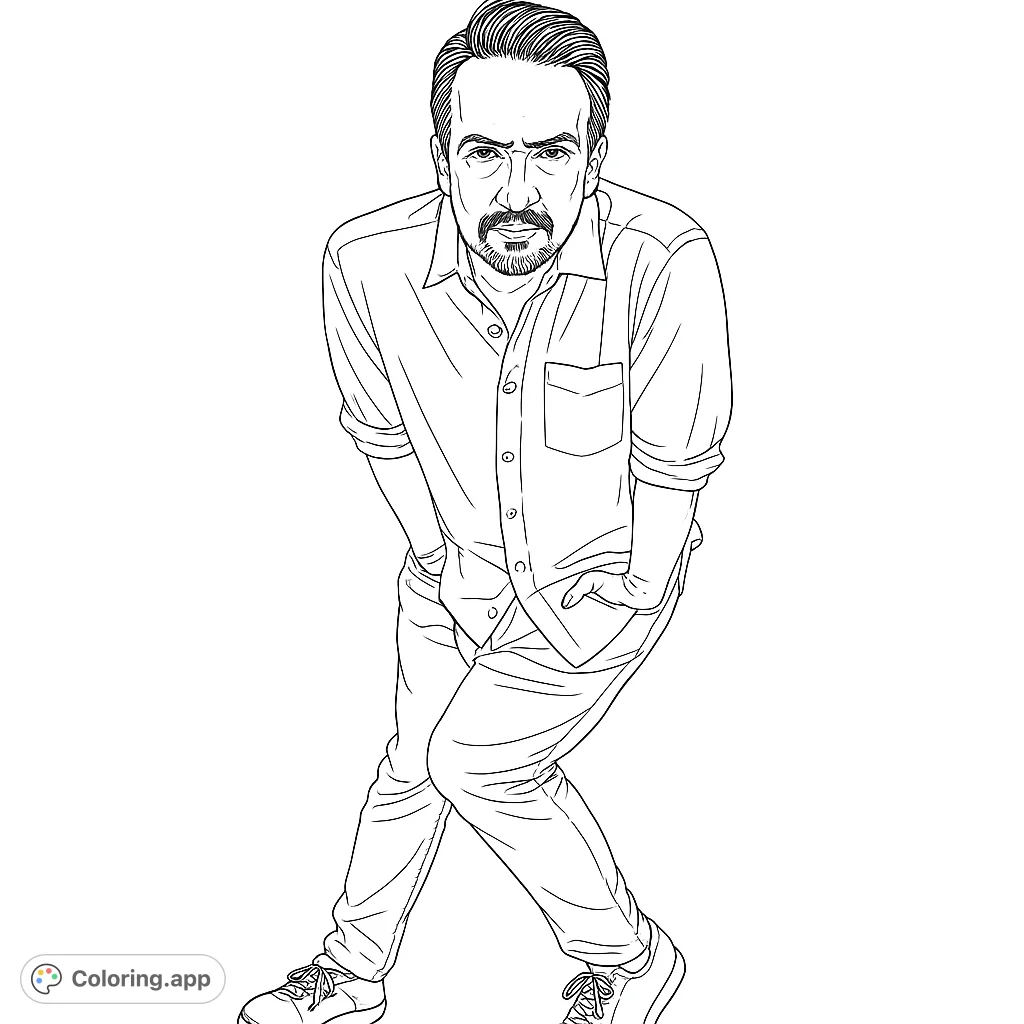 Color a dynamic portrait of a man with a confident gaze, hands in pockets, and a stylish pose. A free printable coloring page for all ages.