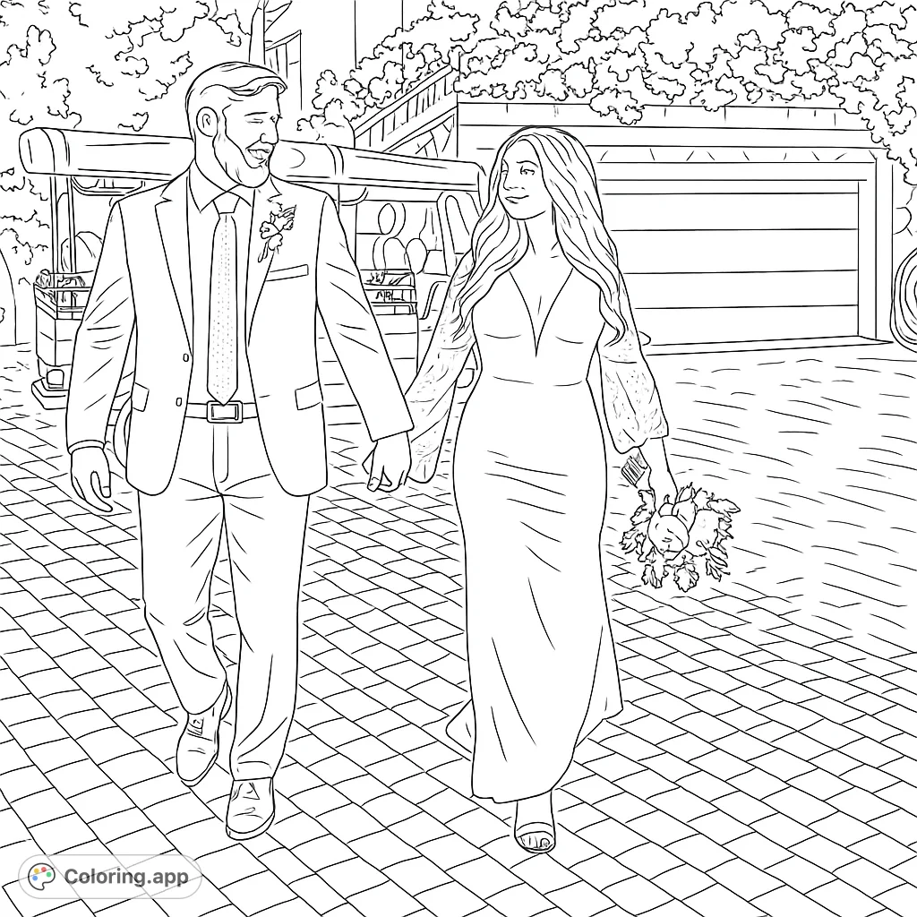 Celebrate love with this beautiful wedding couple coloring page. A happy bride and groom walk hand-in-hand on their special day, perfect for all ages.
