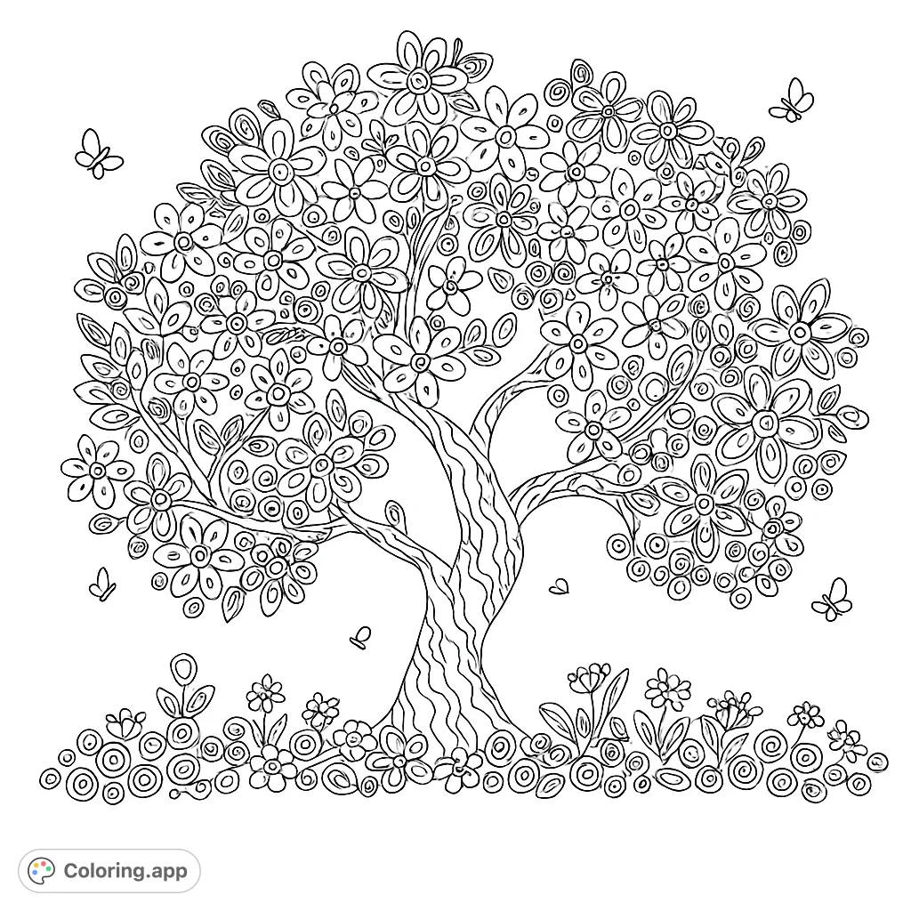 A delightful whimsical tree bursts with intricate flowers and swirling patterns, surrounded by fluttering butterflies. A charming nature scene for all ages.