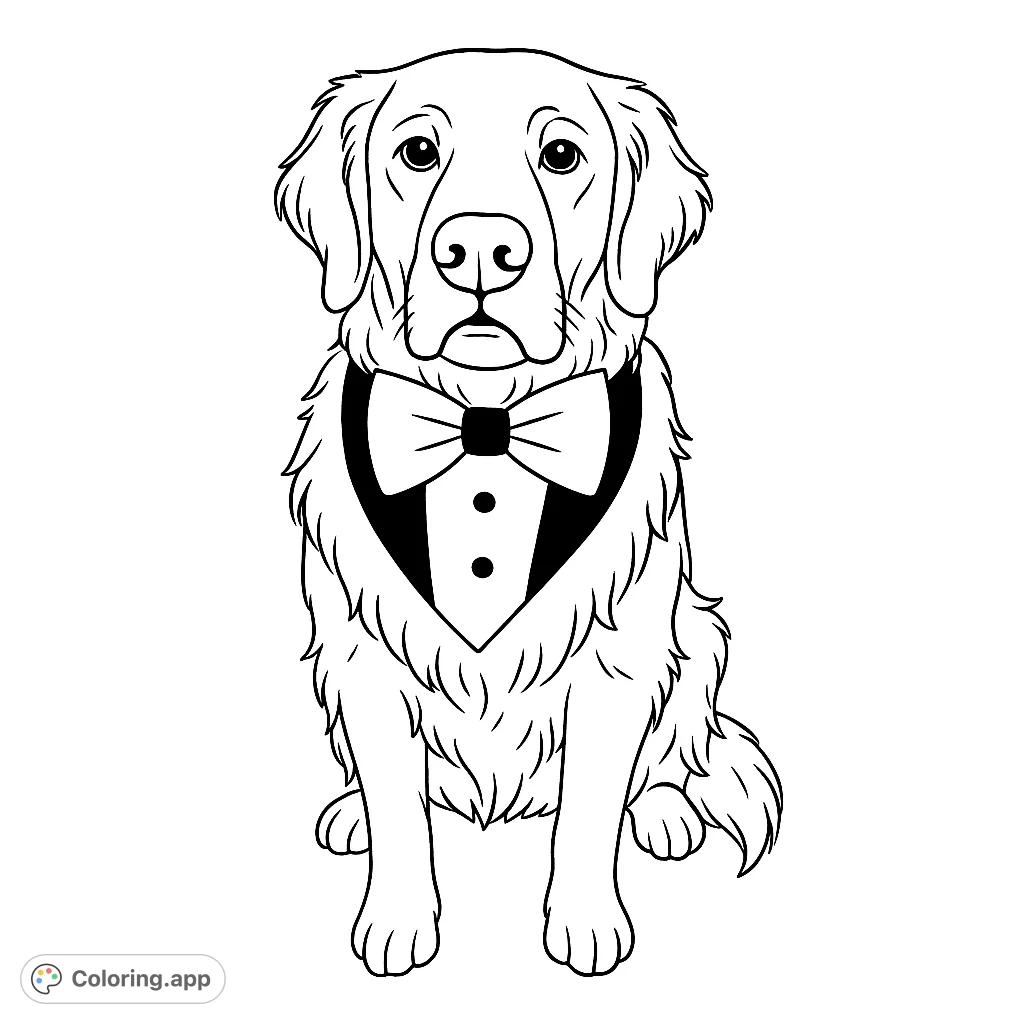 A charming Golden Retriever in a dapper tuxedo, ready for a formal event. A free printable dog coloring page for all ages.