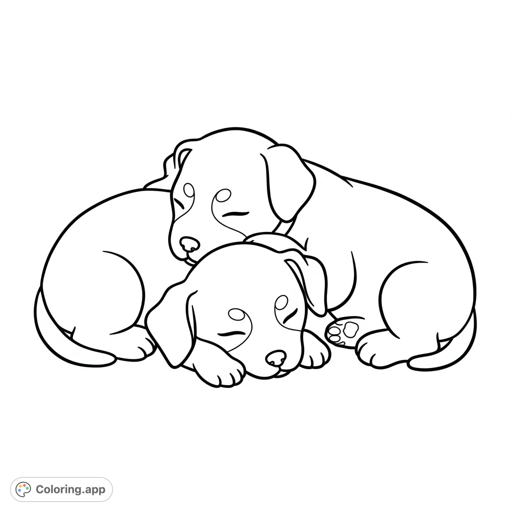 Adorable sleeping puppies snuggled together, a heartwarming free printable coloring page for kids and adults. Perfect for relaxation!