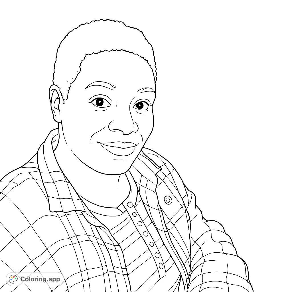A friendly portrait of a person with short hair and a plaid shirt, ready for vibrant colors. A free printable coloring page for all ages.