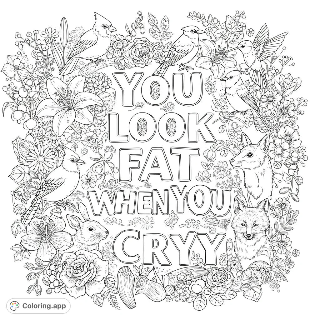 Intricate nature-themed coloring page with a bold central quote, surrounded by detailed birds, foxes, rabbits, and lush floral designs. Perfect for adults.