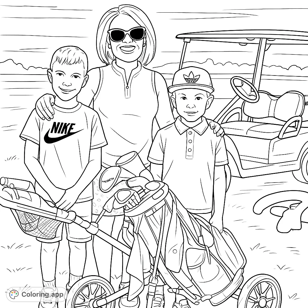 A happy family of three, a mother and two boys, pose with golf equipment on a sunny course, ready for a fun day of golfing.