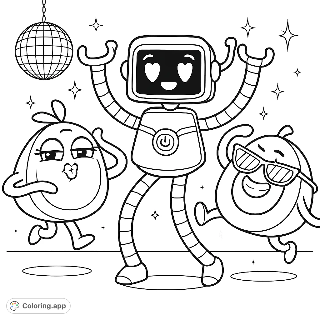 Join a cheerful robot and its two quirky friends for a lively disco party! A fun, free printable robot disco coloring page for kids.