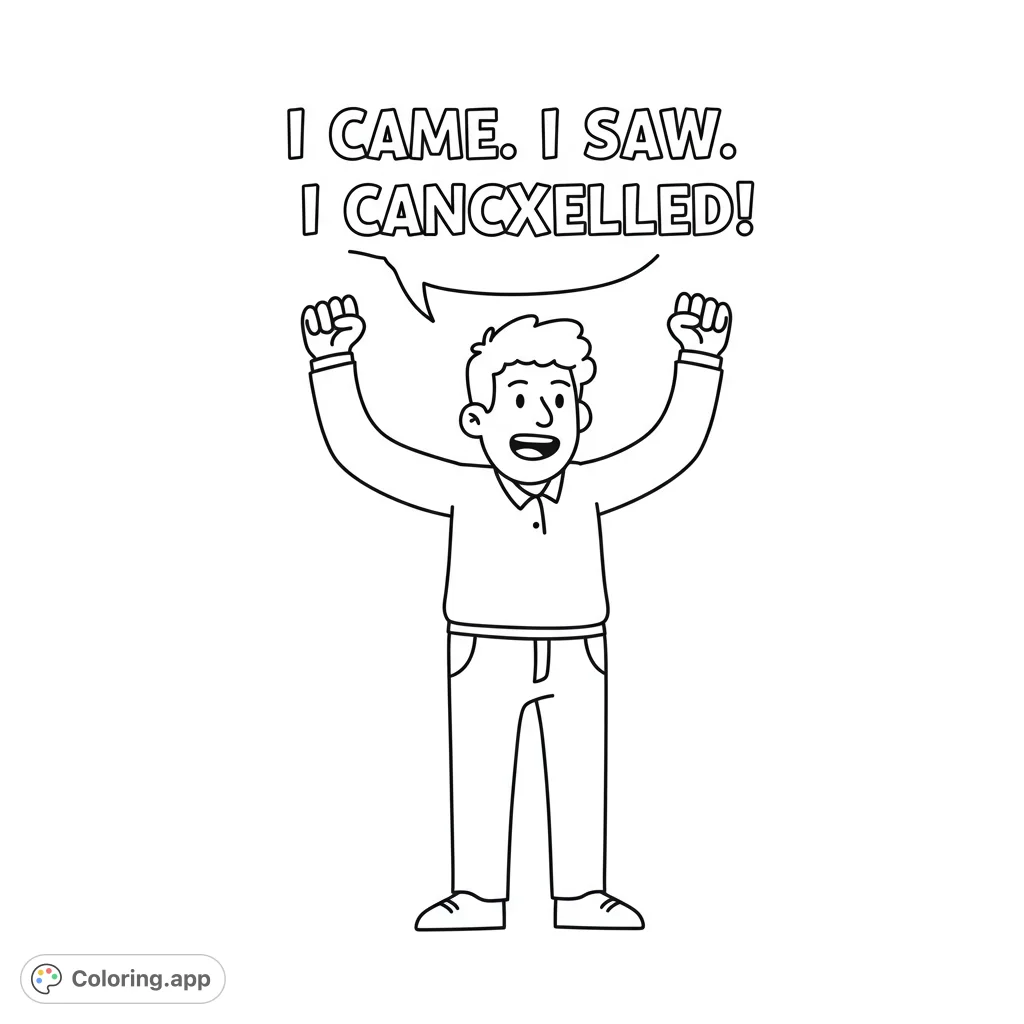 A cheerful man with arms raised in triumph, celebrating a victory. A simple, empowering free printable coloring page for all ages.
