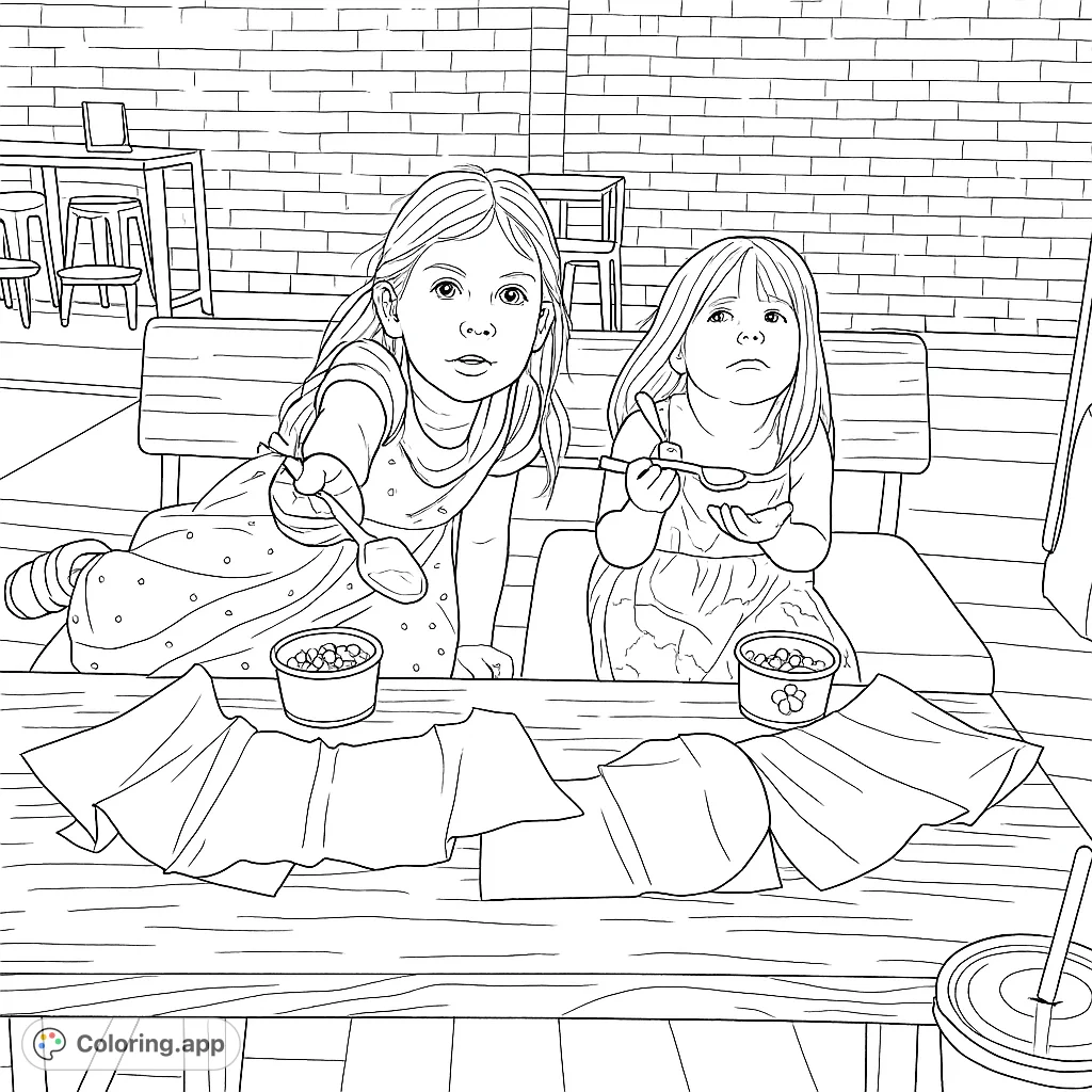 Two cute girls enjoy frozen yogurt with candy toppings. A sweet treat for kids to color!