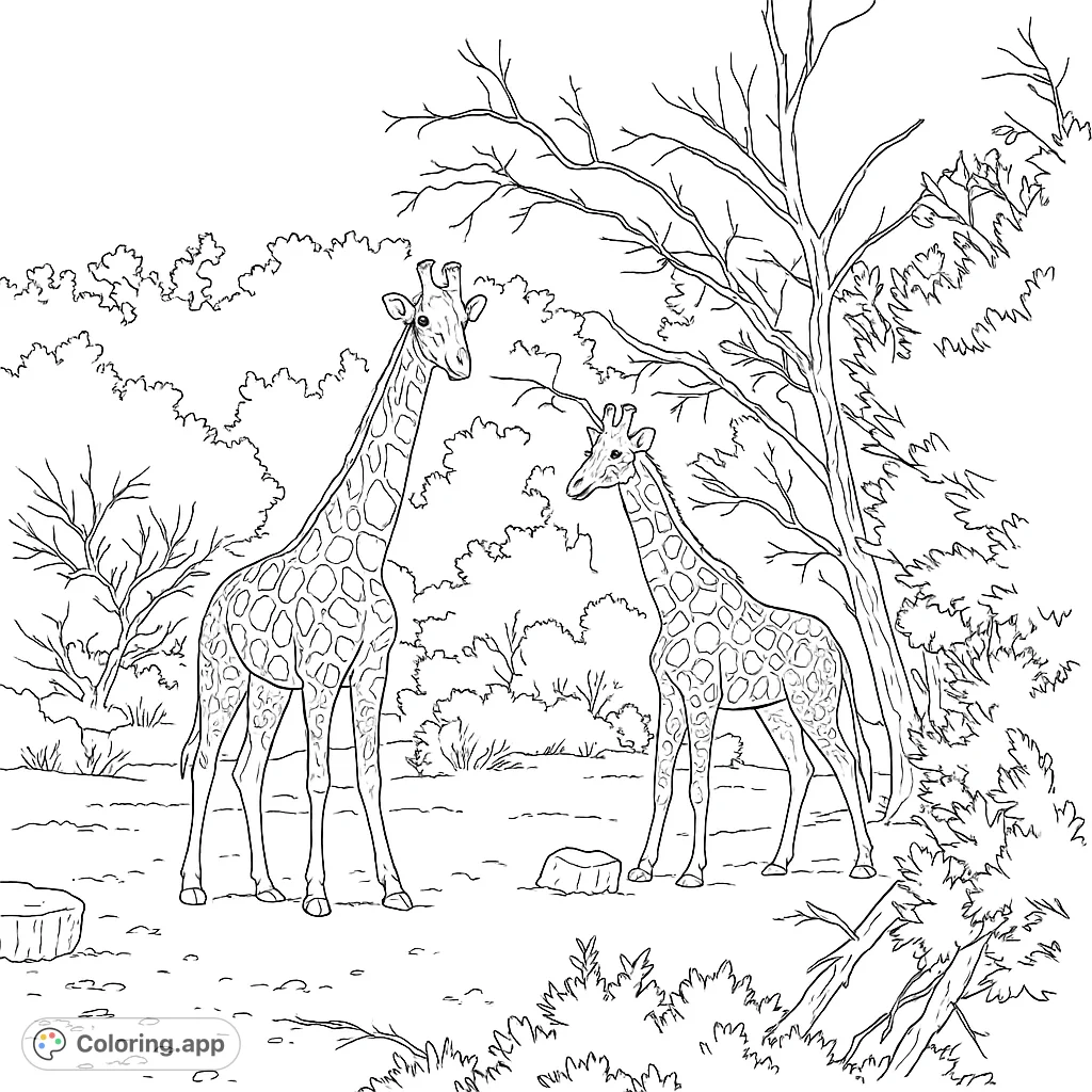 Detailed coloring page of giraffes in the wild. A fun and educational activity for kids and adults who love wildlife and African animals.
