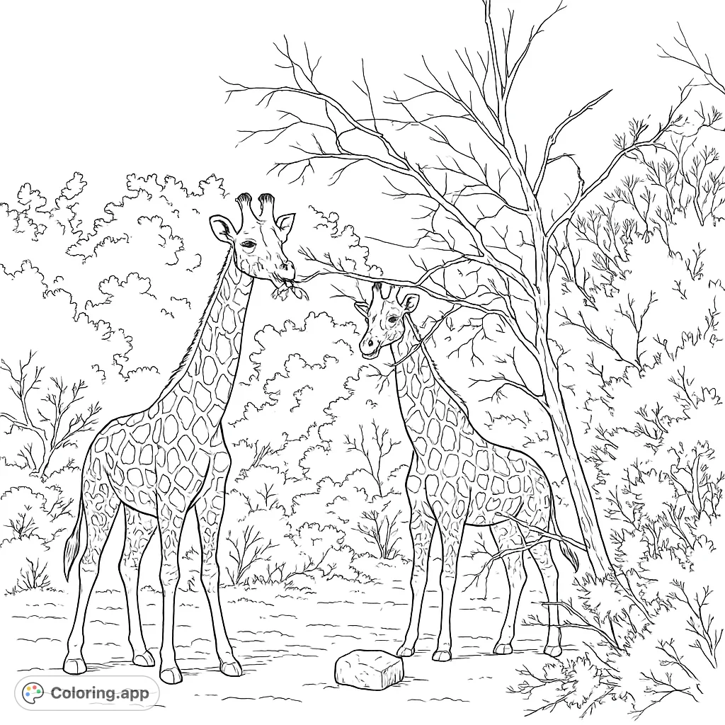 Detailed coloring page of giraffes in their natural habitat. A fun and educational activity for kids who love wildlife and African animals.