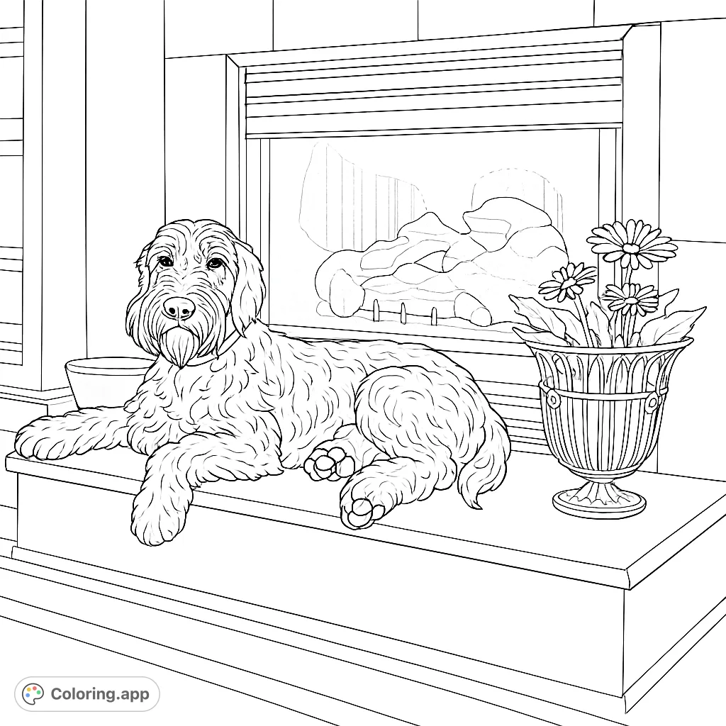 A charming Goldendoodle coloring page featuring a shaggy dog relaxing by a fireplace with flowers. A free printable coloring page for pet lovers!