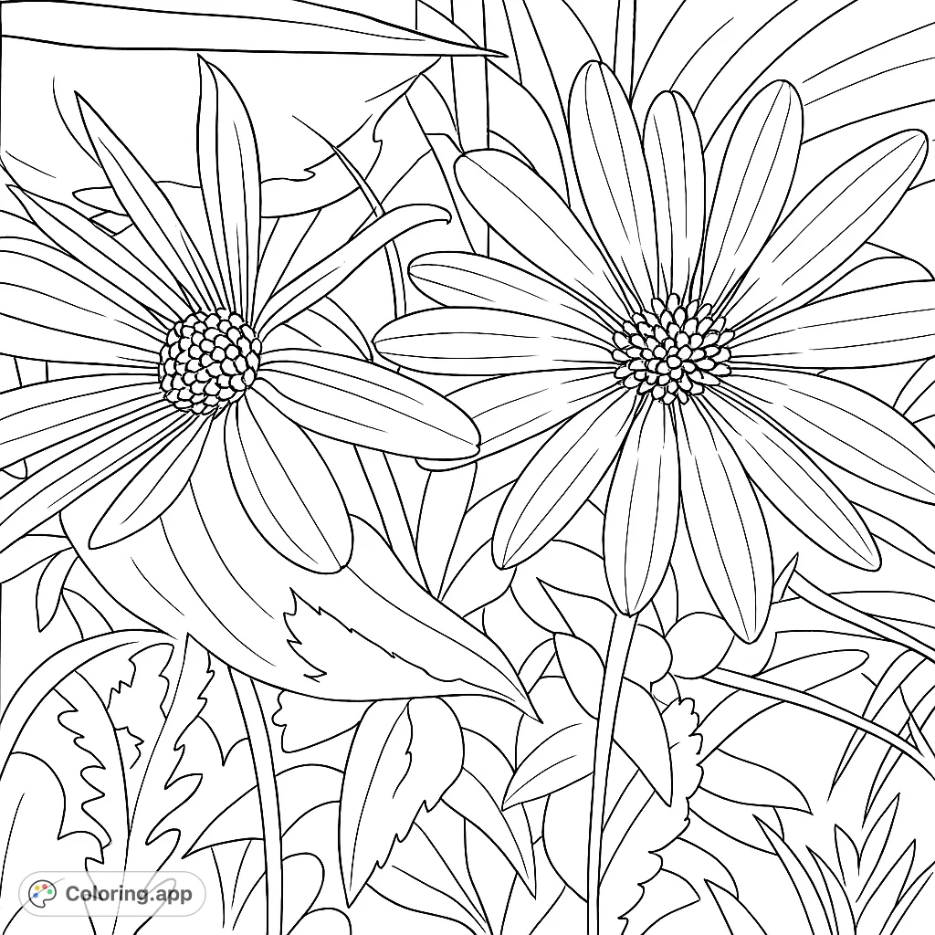 A beautiful floral coloring page featuring two large daisy-like flowers surrounded by lush leaves, perfect for nature lovers.